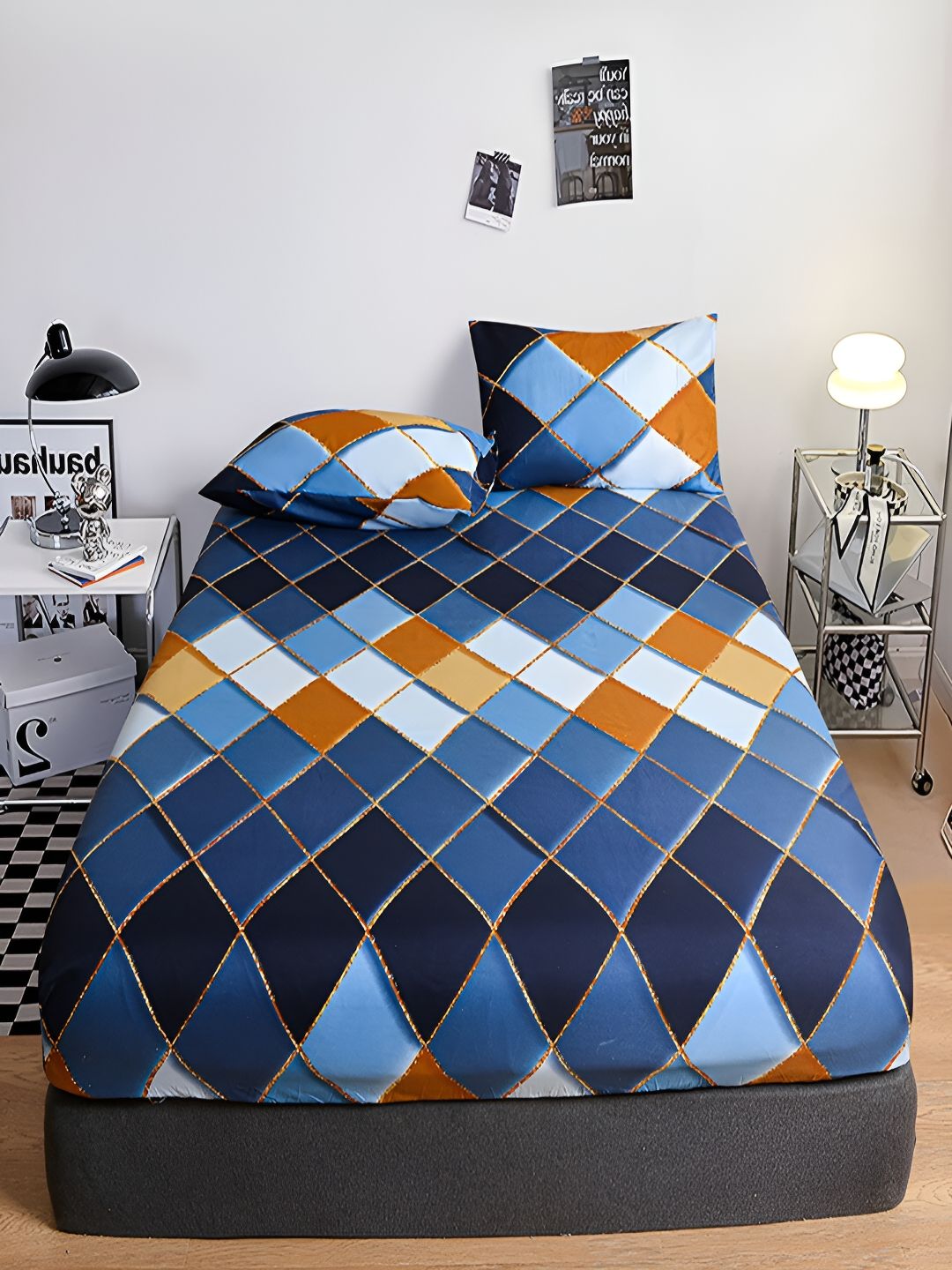 JC HOME Blue & Brown Geometric Fitted 140 TC Single Bedsheet With 1 Pillow Cover-picture-17