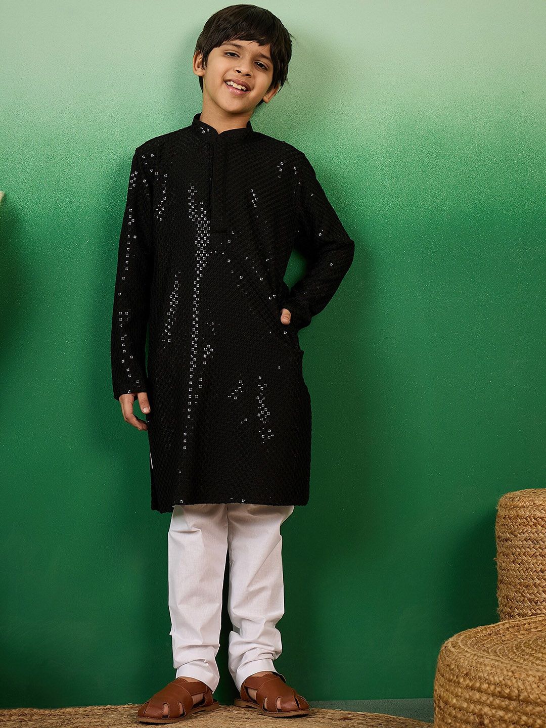 Sangria Boys Sequence Embroidered Cotton Mandarin Collar Chikankari Kurta-image-43