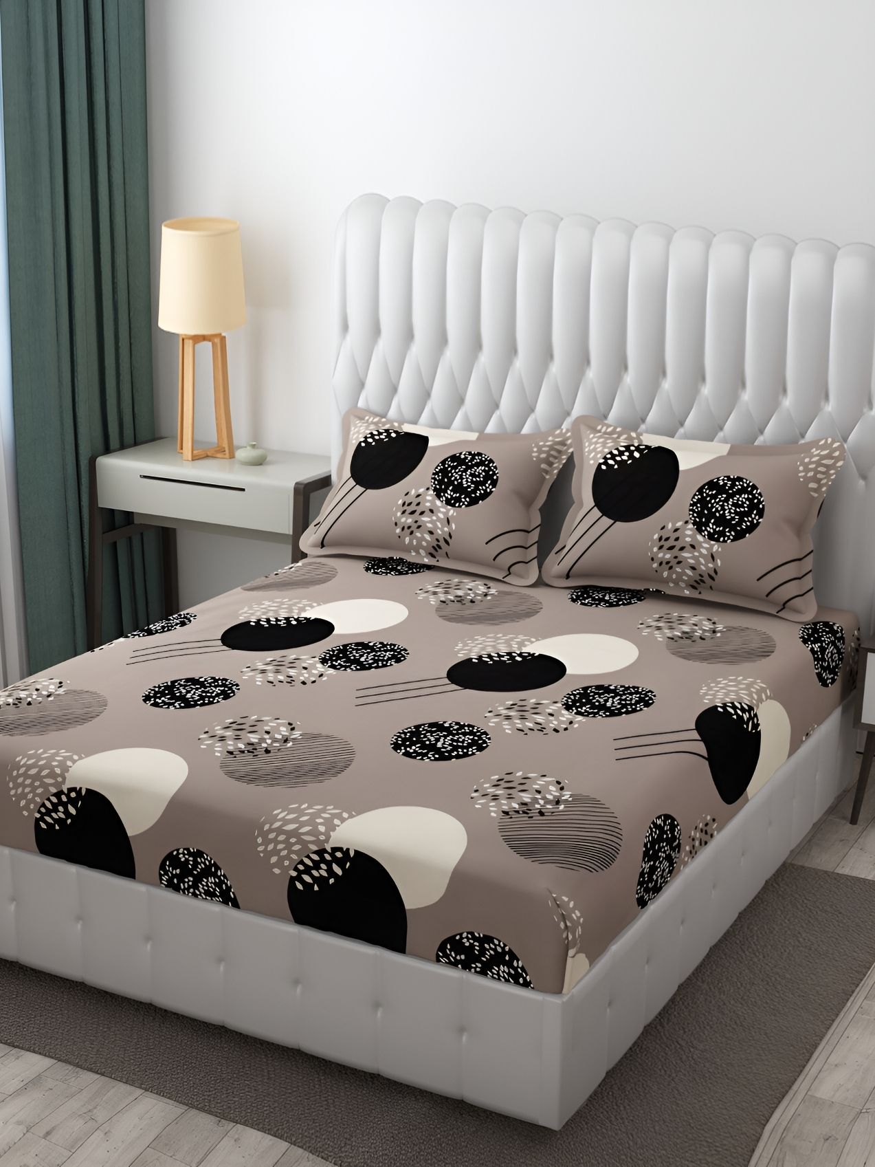 FINE TEX WORLD Purple Geometric 210 TC Microfiber Fitted King Bedsheet & 2 Pillow Covers-picture-37