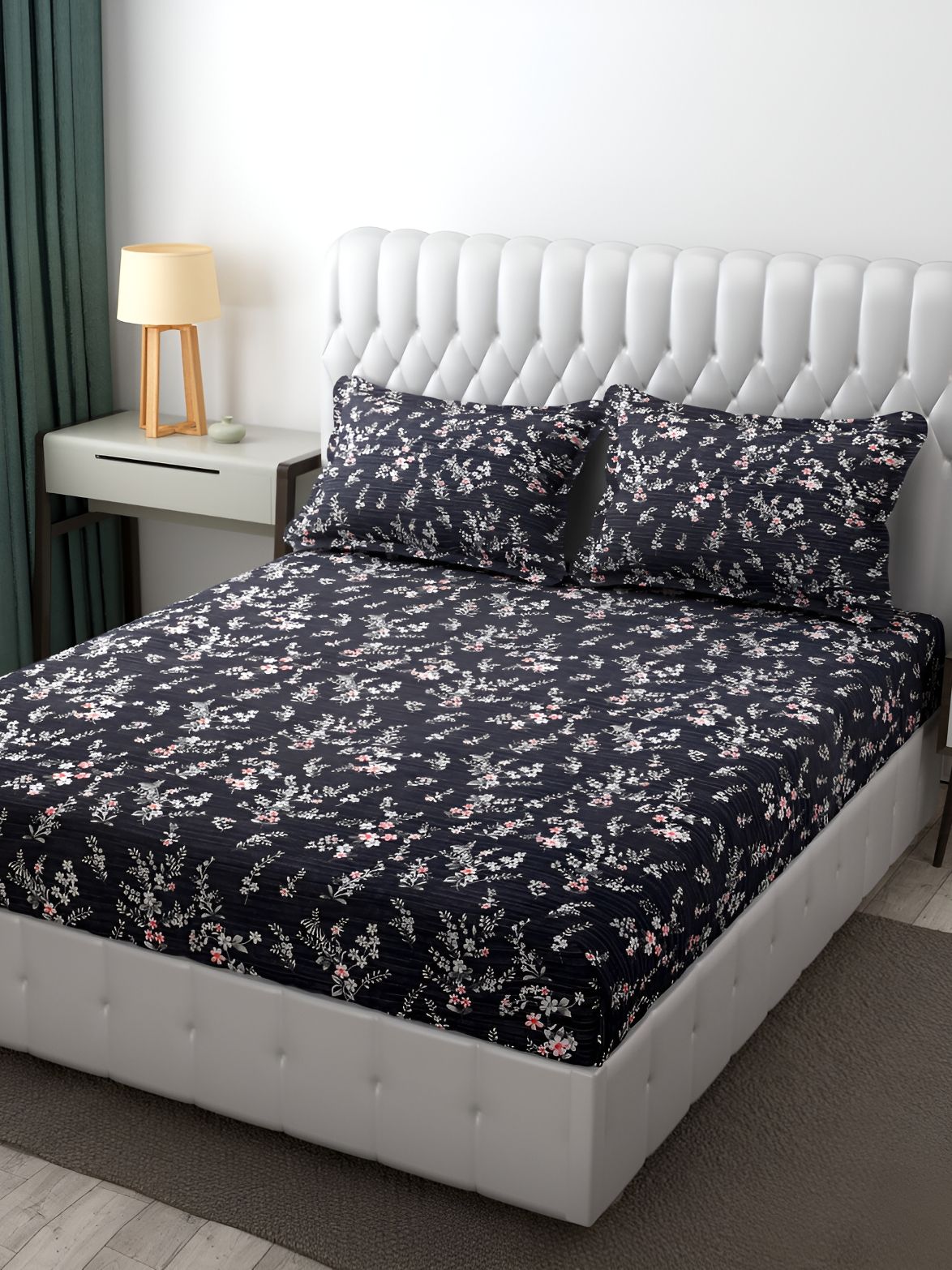 FINE TEX WORLD Black Floral 210 TC Microfiber Fitted King Bedsheet With 2 Pillow Covers-picture-17