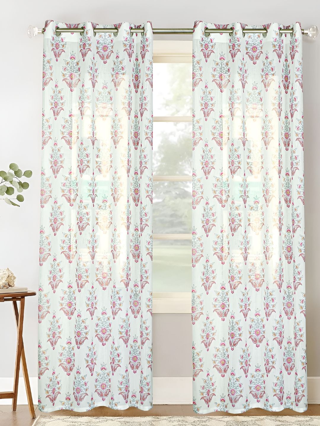 HOMADORN White & Pink 2 Pieces Floral Printed Sheer Long Door Curtain-picture-25