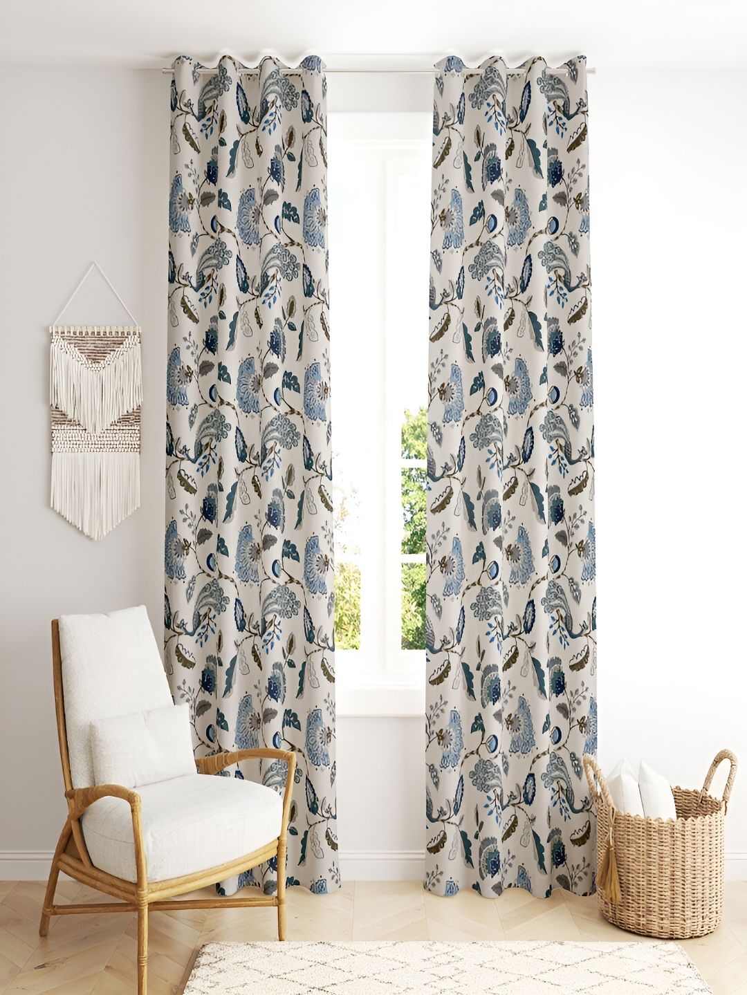 CHICERY Blue & White 2 Pieces Floral Printed Cotton Room Darkening Long Door Curtains-picture-41
