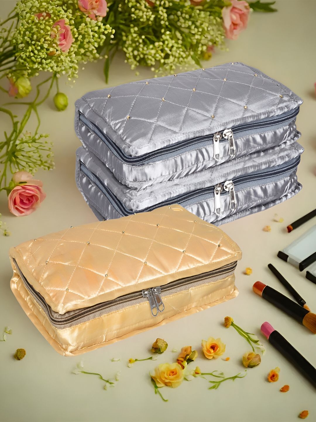 Kuber Industries Beige & Silver Tones 3 Pieces Textured Satin Jewellery Organisers-picture-26