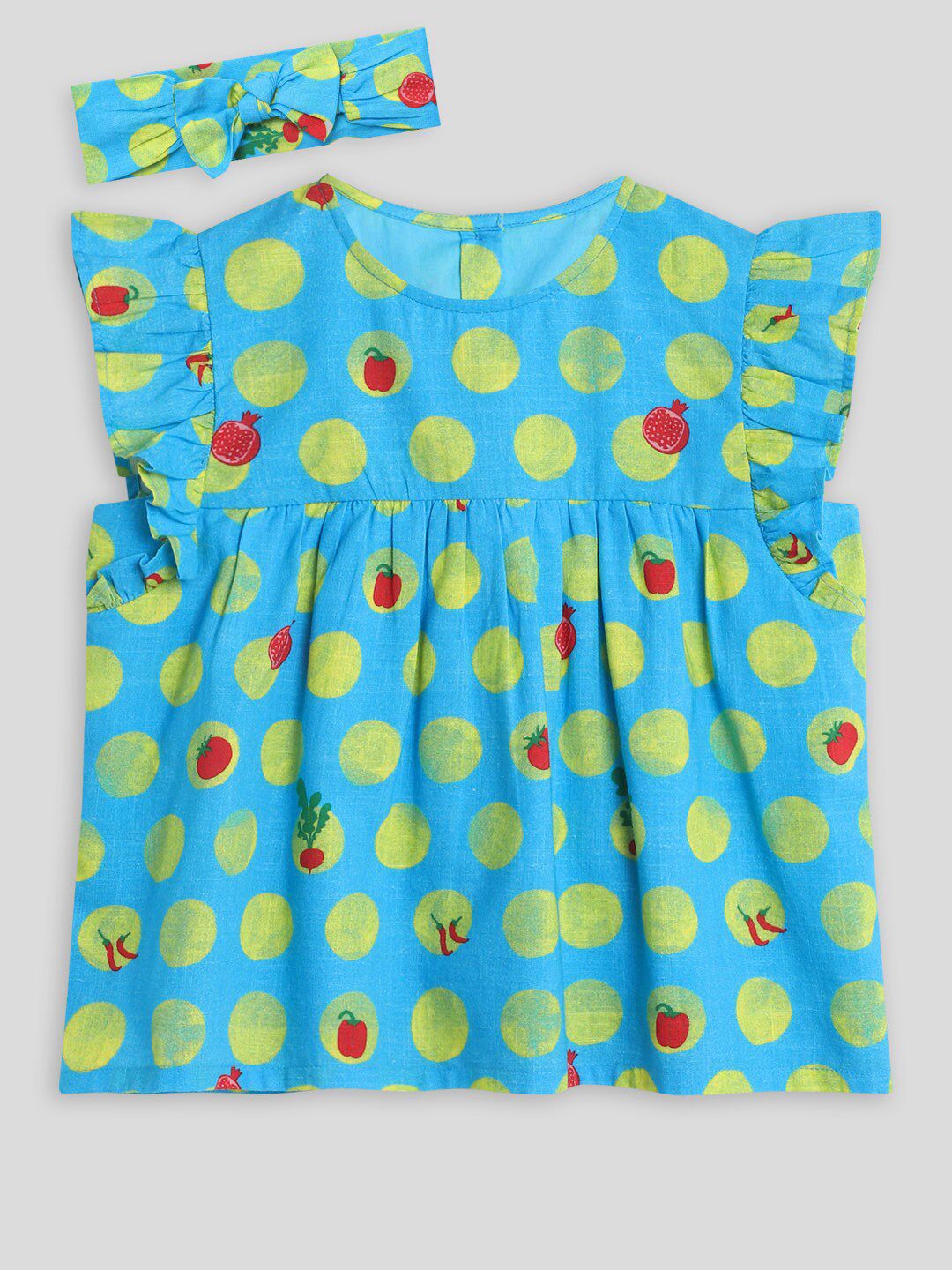 Somersault Infant Girls Polka Dot Print Flutter Sleeve Cotton Fit & Flare Dress & Headband-picture-15