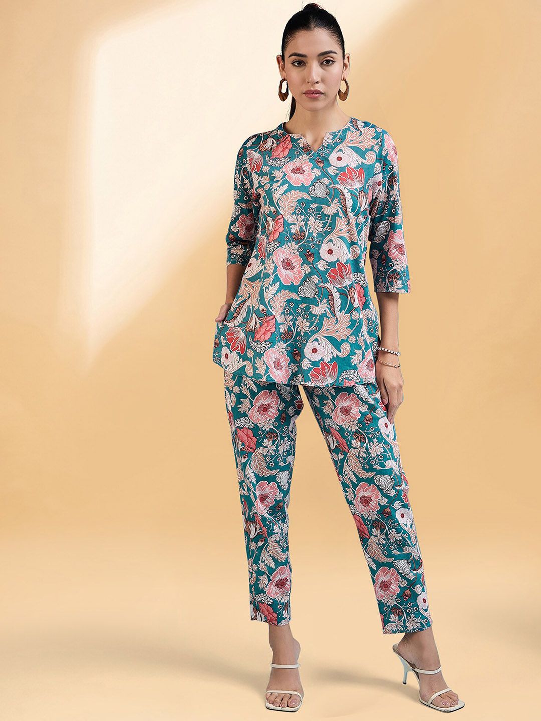 all about you Teal Blue Floral Printed Tunic With Trouser
