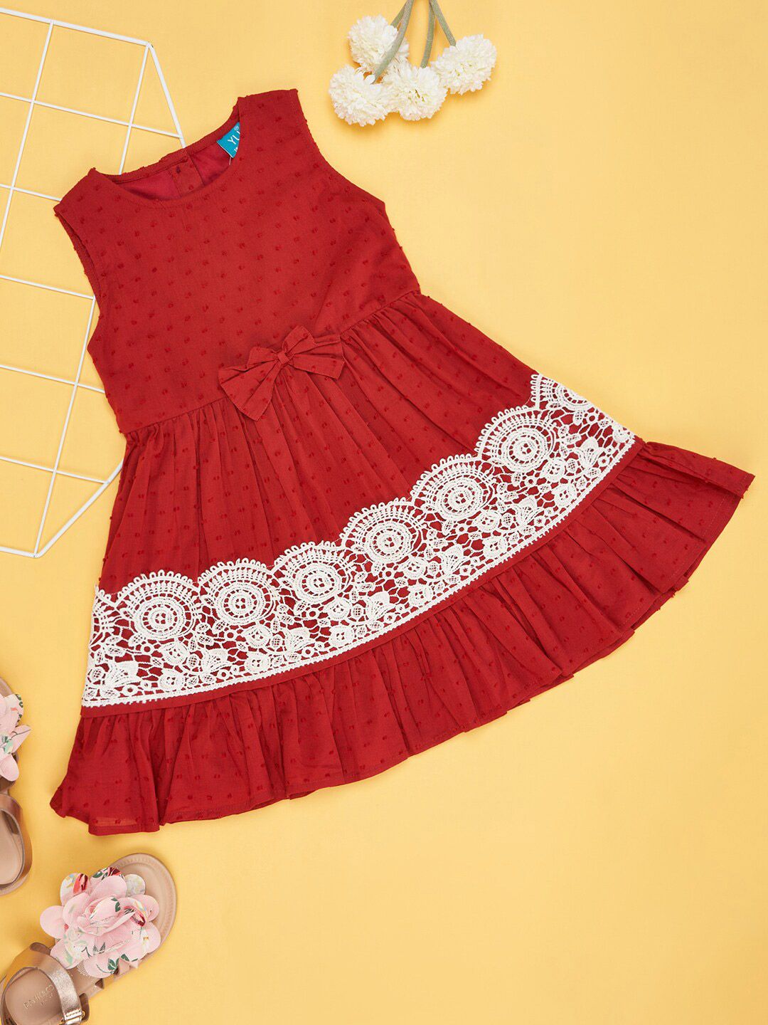 YU by Pantaloons Girls Self Design Lace Inserts Cotton Fit & Flare Dress-picture-53