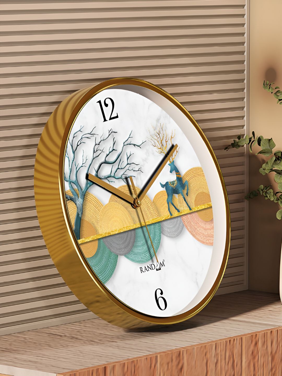 RANDOM Gold Toned & White Printed Contemporary Round Wall Clock
