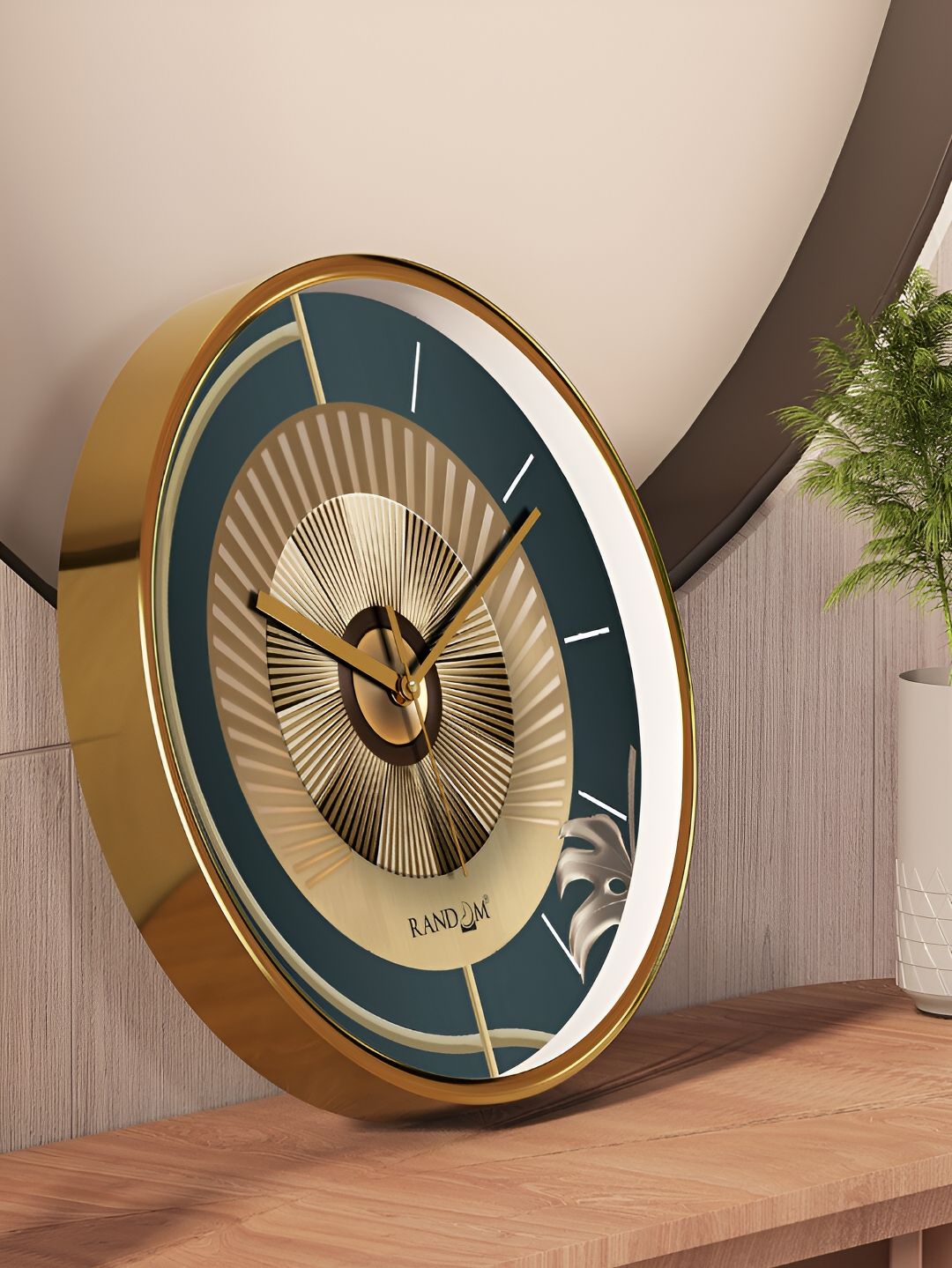 RANDOM Gold Toned & Blue Printed Contemporary Round Wall Clock-picture-54