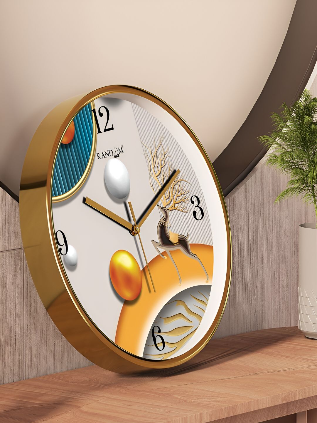 RANDOM Gold Toned & White Printed Contemporary Round Wall Clock