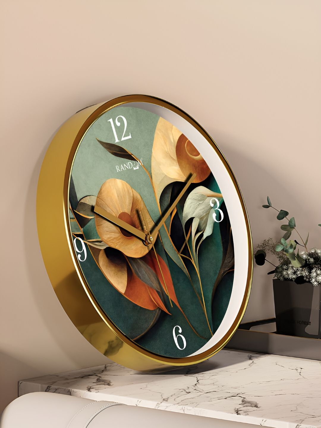 RANDOM Gold Toned & Green Printed Contemporary Round Wall Clock-picture-23