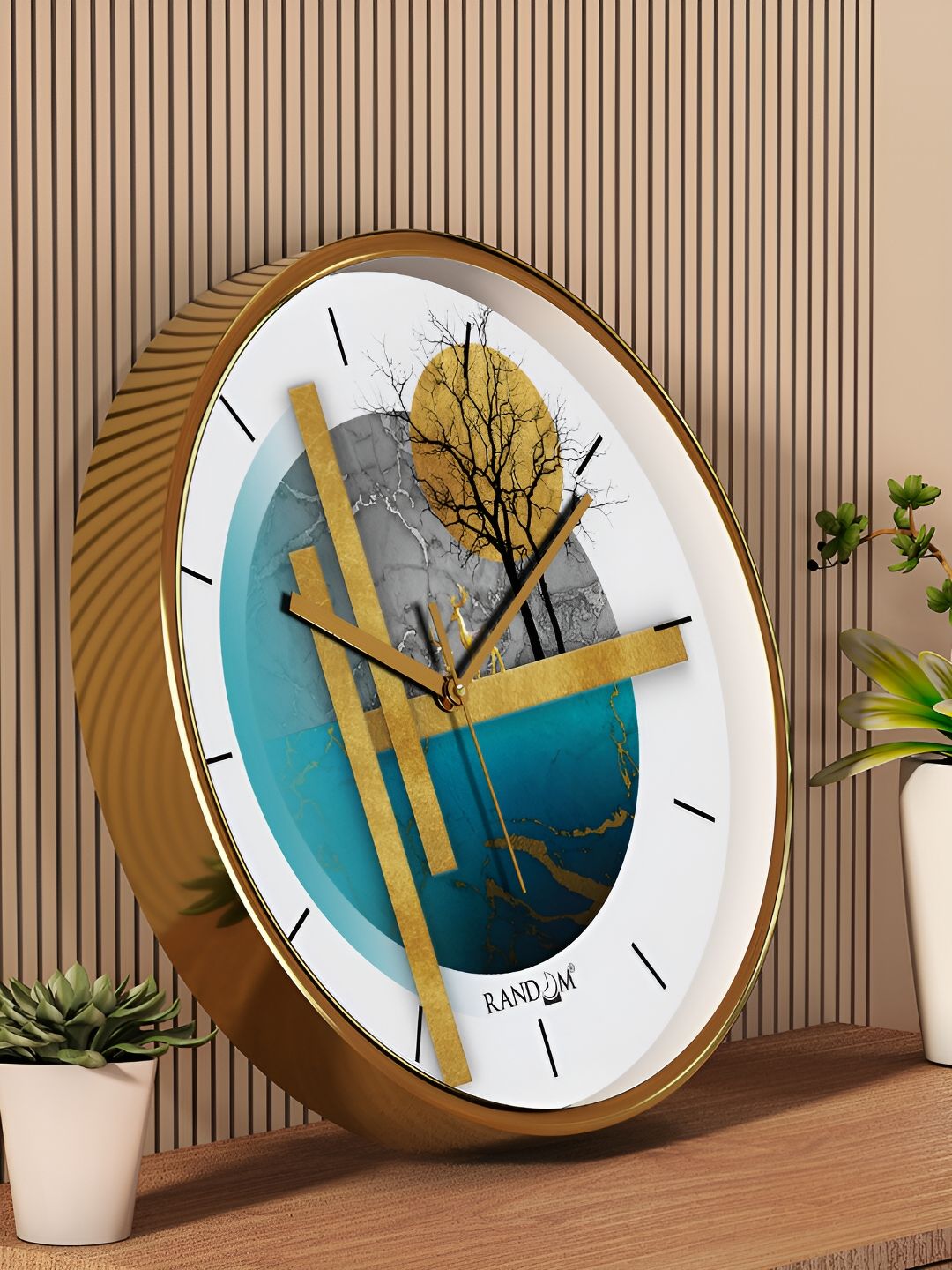 RANDOM Gold Toned & Blue Printed Contemporary Round Wall Clock-picture-31