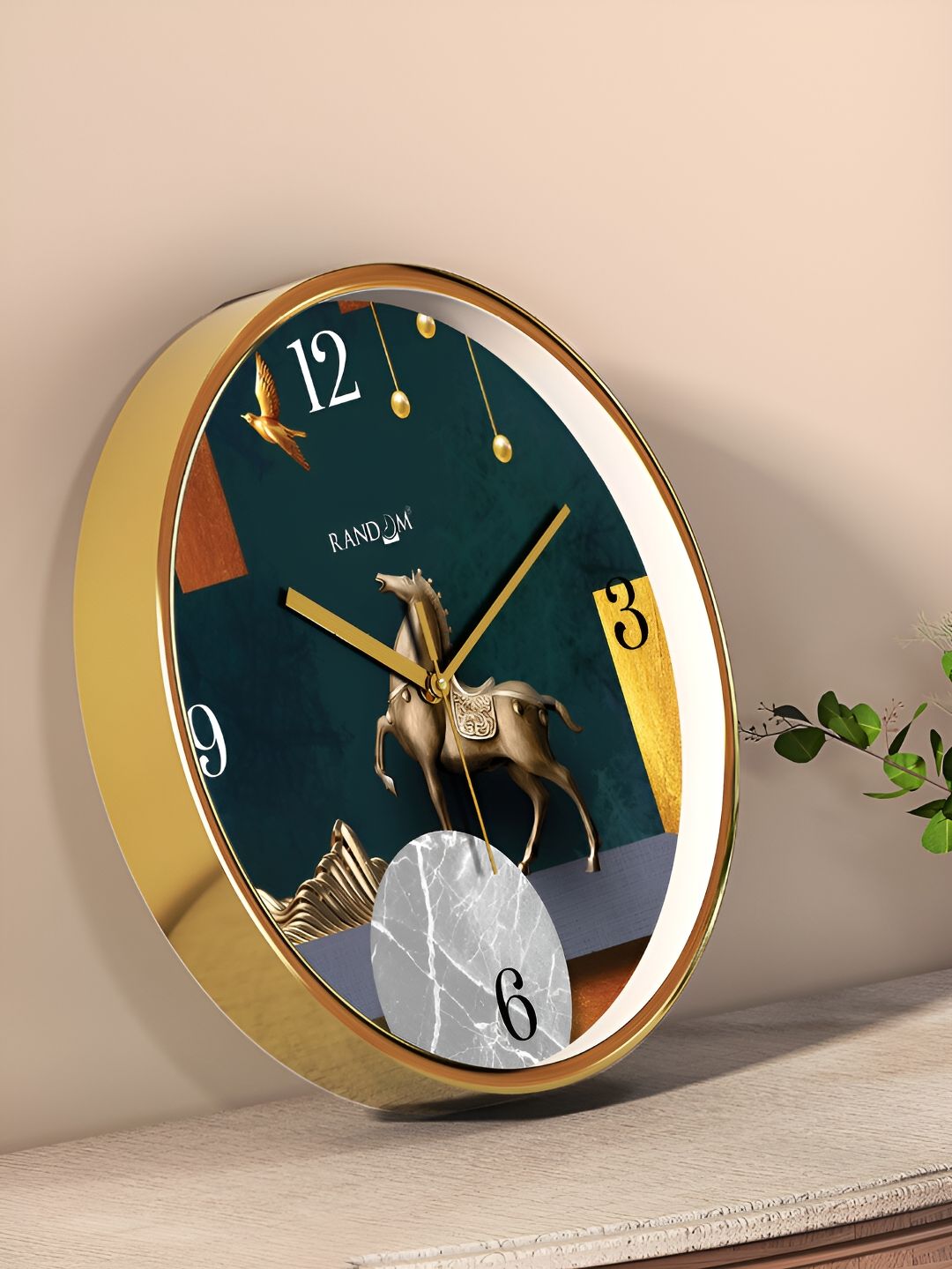 RANDOM Gold Toned & Green Printed Contemporary Round Wall Clock-picture-22