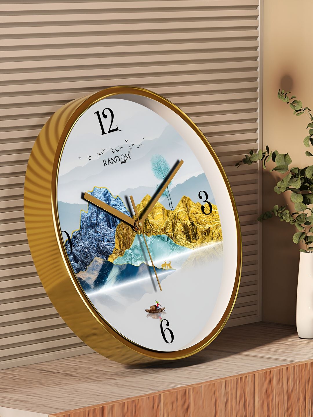 RANDOM Gold Toned & Blue Printed Contemporary Round Wall Clock-picture-3