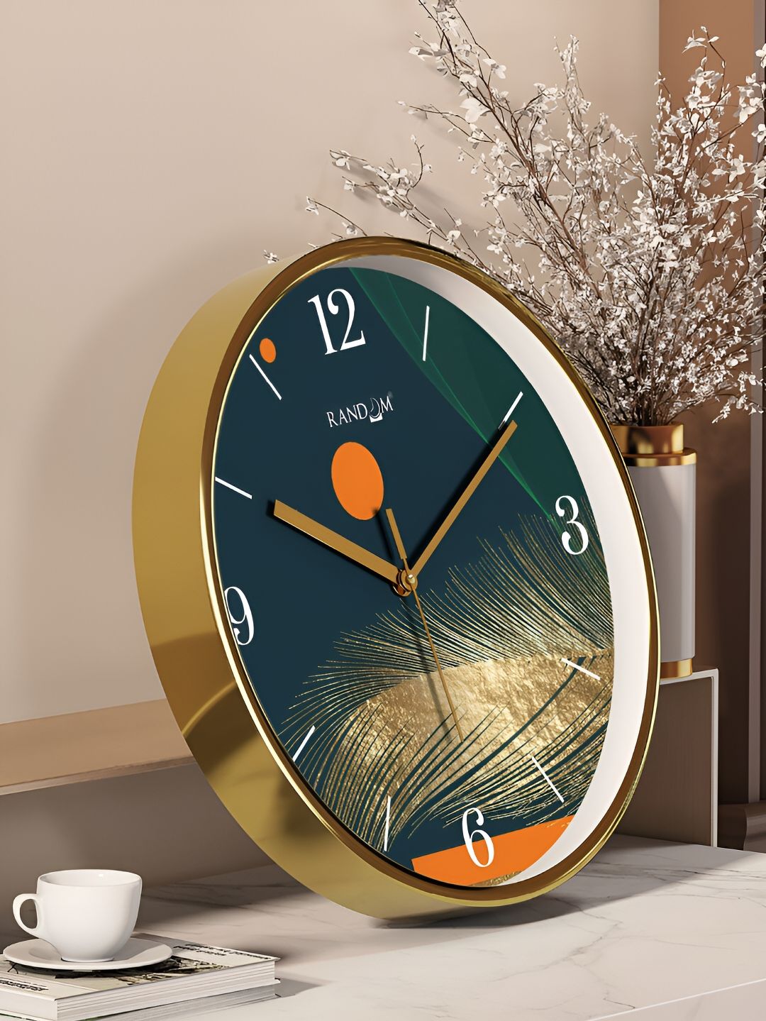 RANDOM Gold Toned & Green Printed Contemporary Round Wall Clock-picture-32