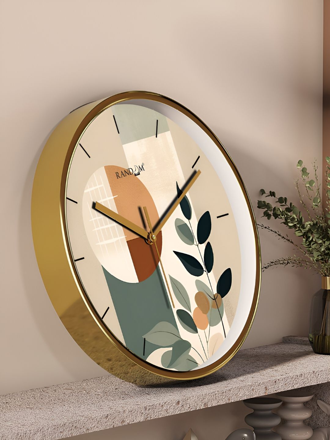 RANDOM Gold Toned & Green Printed Contemporary Round Wall Clock-picture-46
