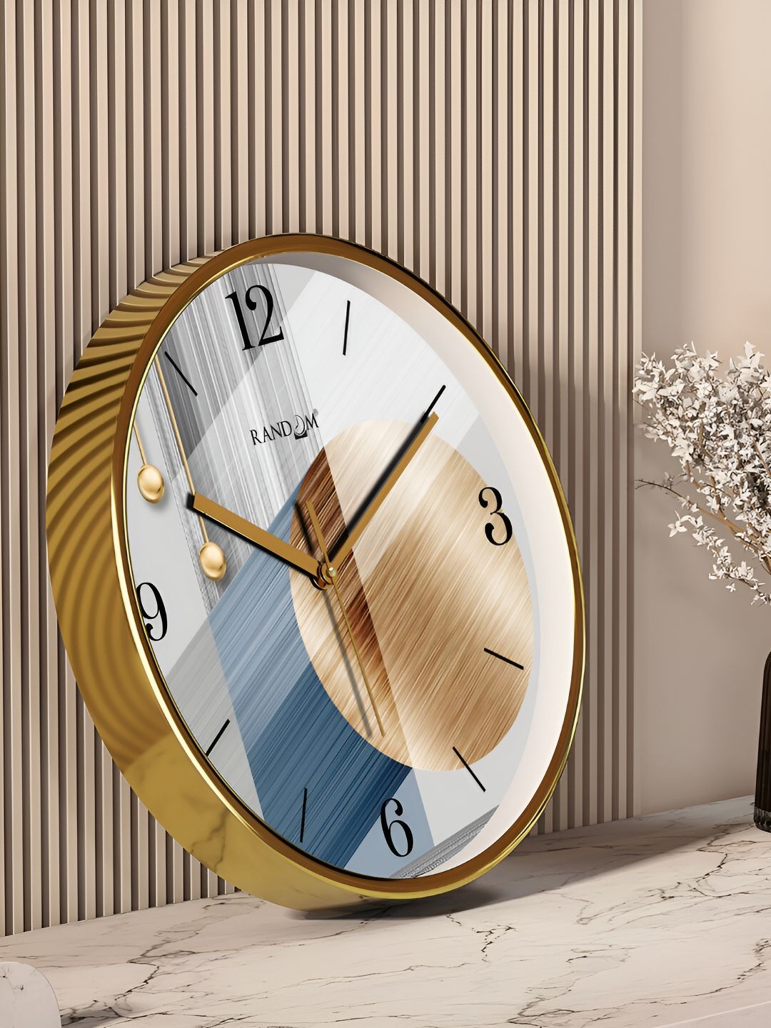 RANDOM Gold Toned & Blue Printed Contemporary Round Wall Clock-picture-22