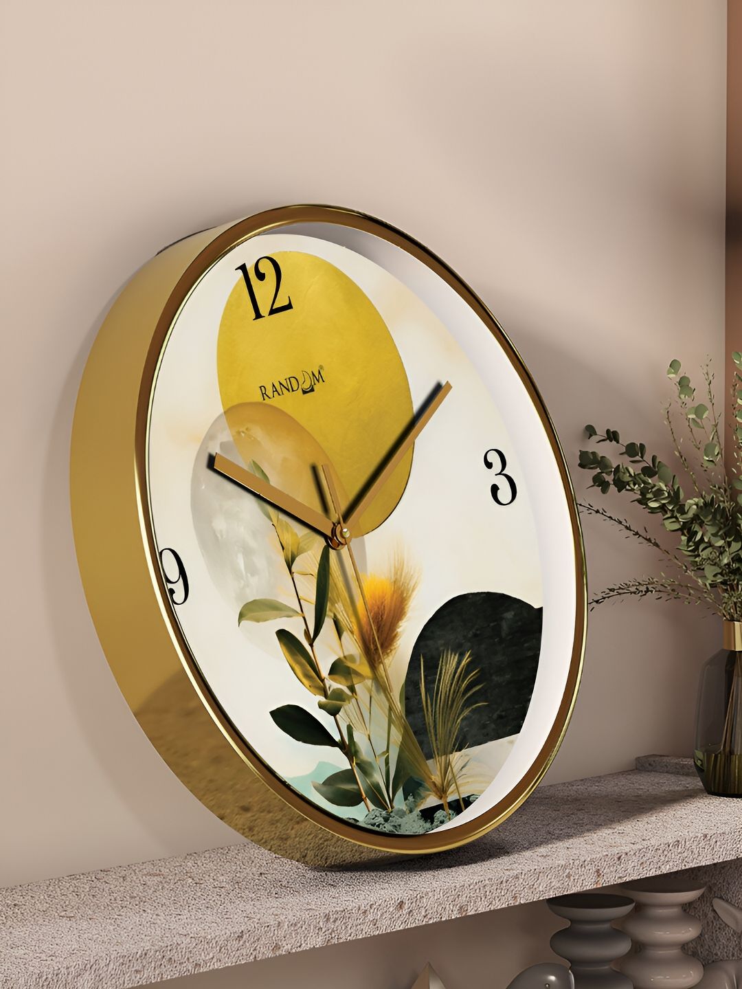 RANDOM Gold Toned & Black Printed Contemporary Round Wall Clock-image-37