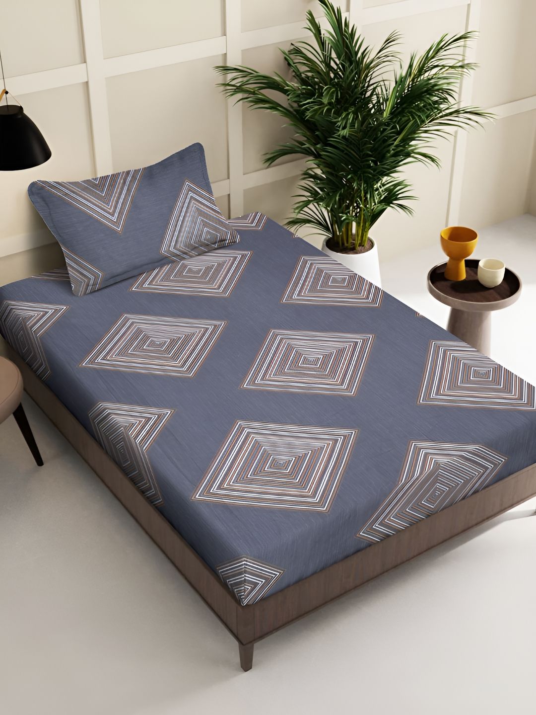 KLOTTHE Blue & Brown Geometric Printed 300 TC Single Bedsheet With Pillow Cover-picture-15