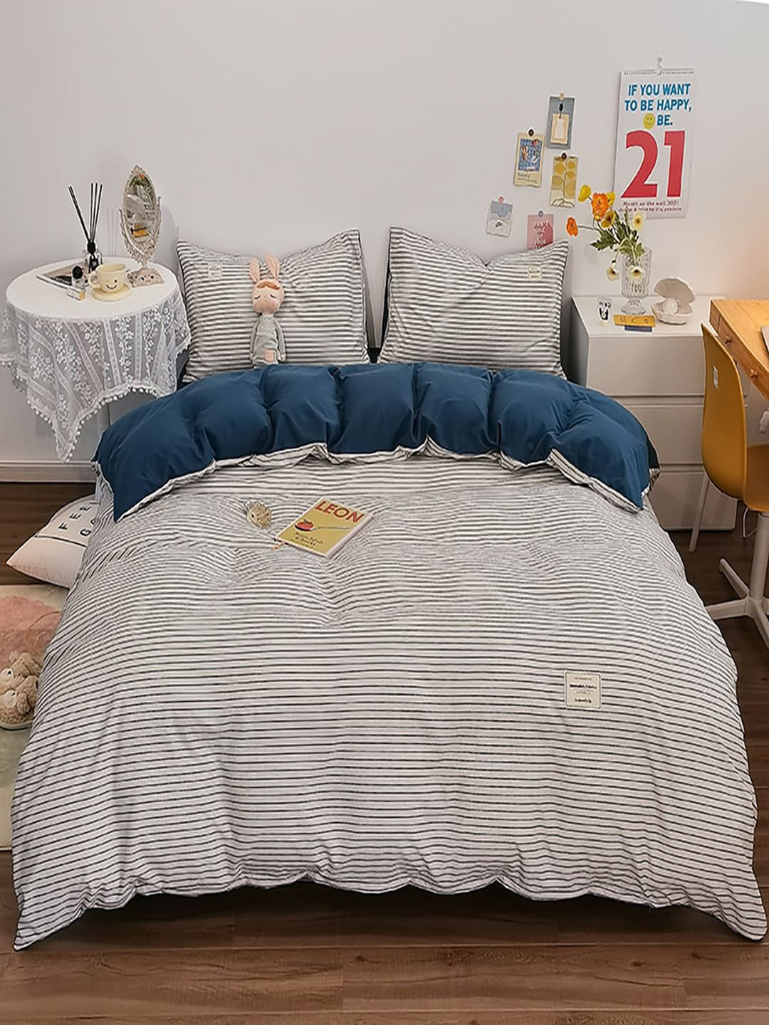 JC HOME Blue 3 Pieces Striped Regular Double Queen Bedding Set-image-28