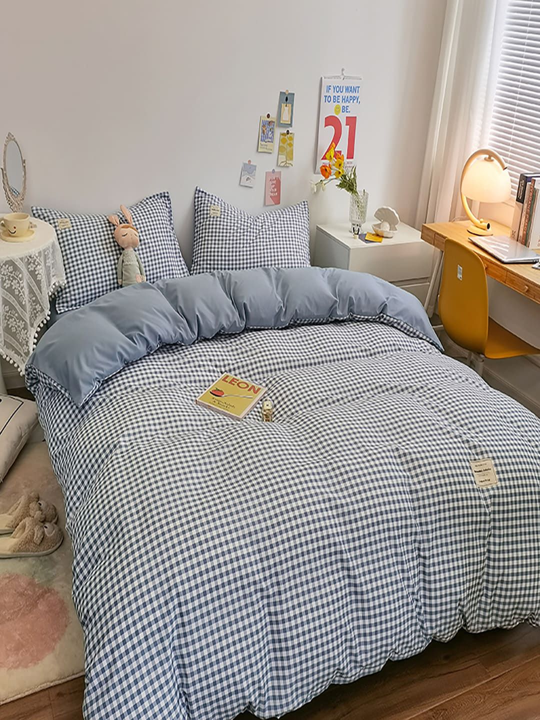 JC HOME Blue & White Checked Bedding Set-image-28