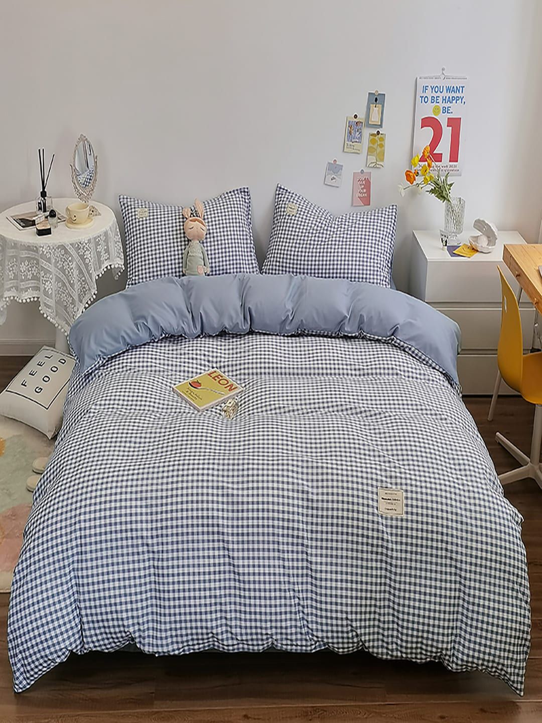 JC HOME Blue & White Checked AC Room Regular Bedding Set-image-25