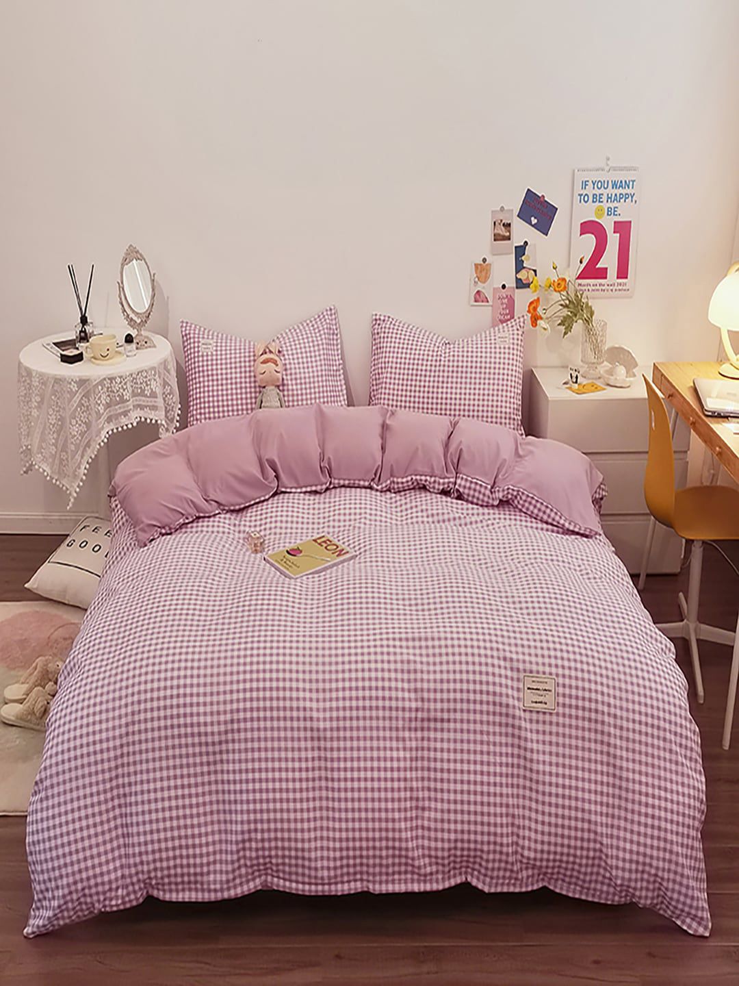 JC HOME Purple & White Checked Regular Bedding Set