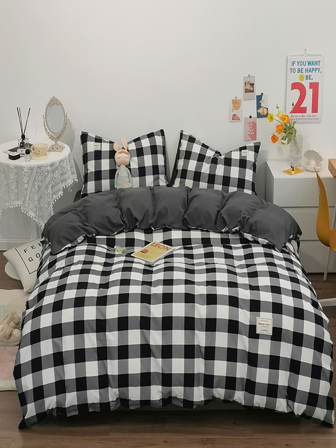 JC HOME Black & White 4 Pieces Checked AC Room Bedding Set-picture-19