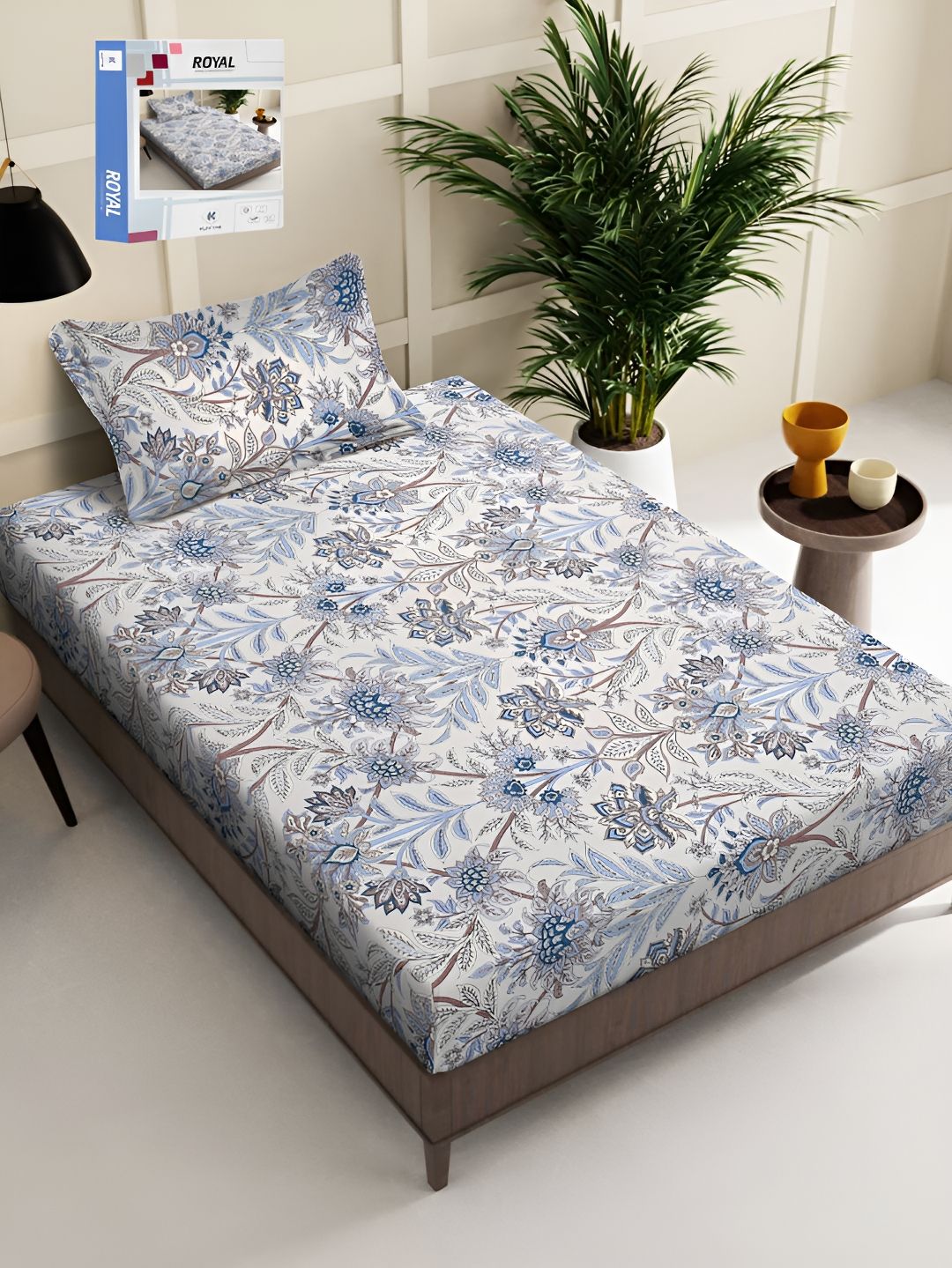 KLOTTHE White & Blue Floral Printed 300TC Single Bedsheet With Pillow Cover-picture-29
