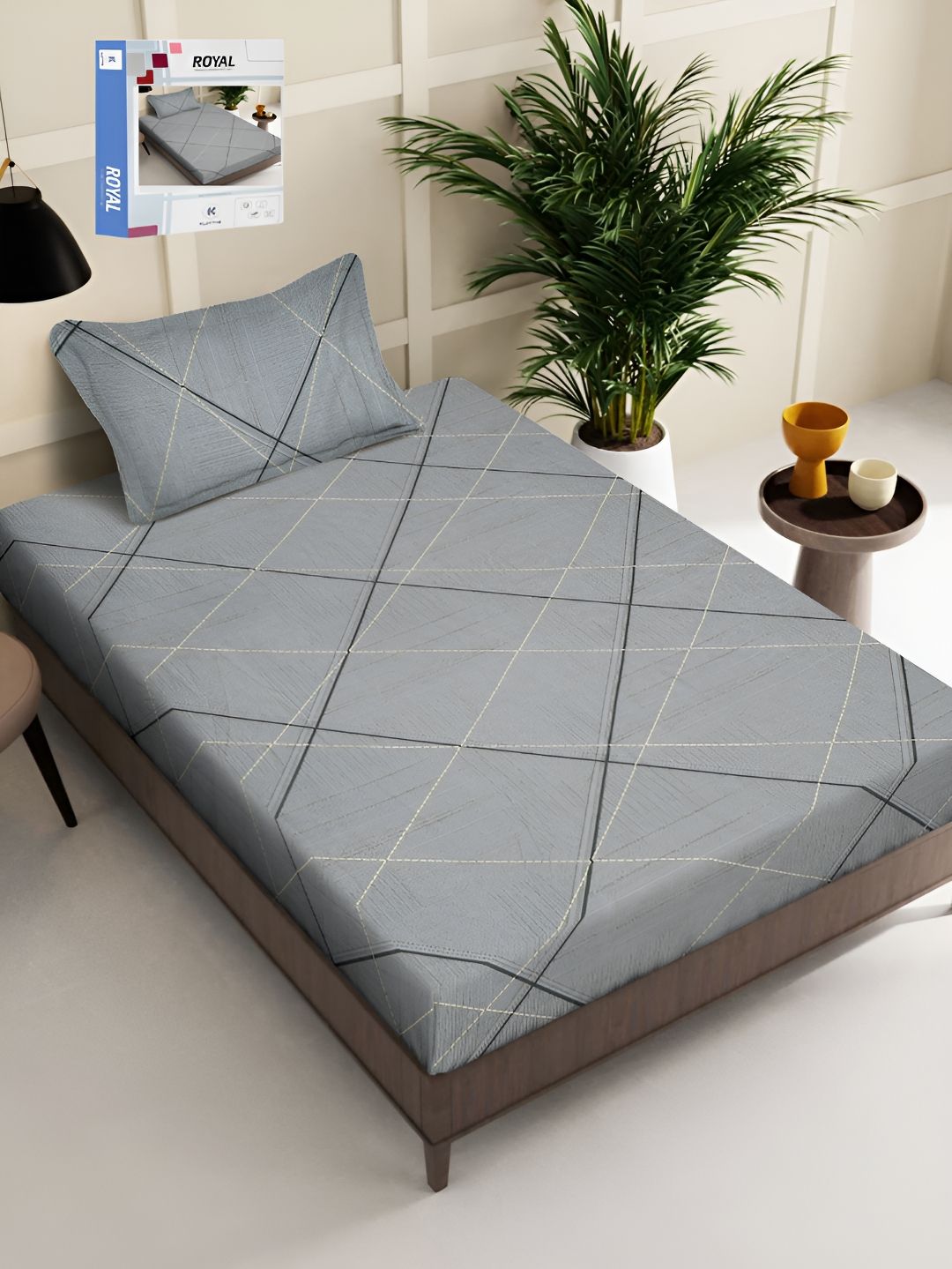 KLOTTHE Grey Printed 300 TC Single Bed Bedsheet With 1 Pillow Cover-picture-20