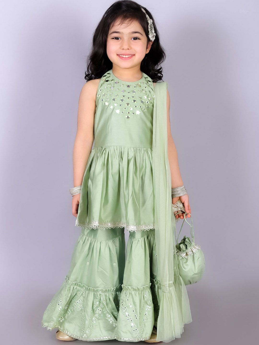 LIL DRAMA Girls Yoke Design Regular Mirror Work Kurta with Sharara & Dupatta-picture-43