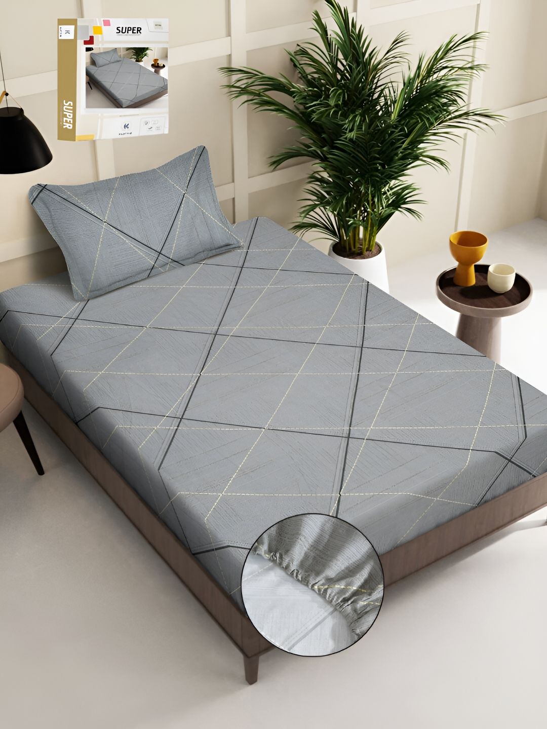 KLOTTHE Grey & Black Geometric 300 TC Single Bed Fitted Bedsheet With 1 Pillow Cover-picture-17