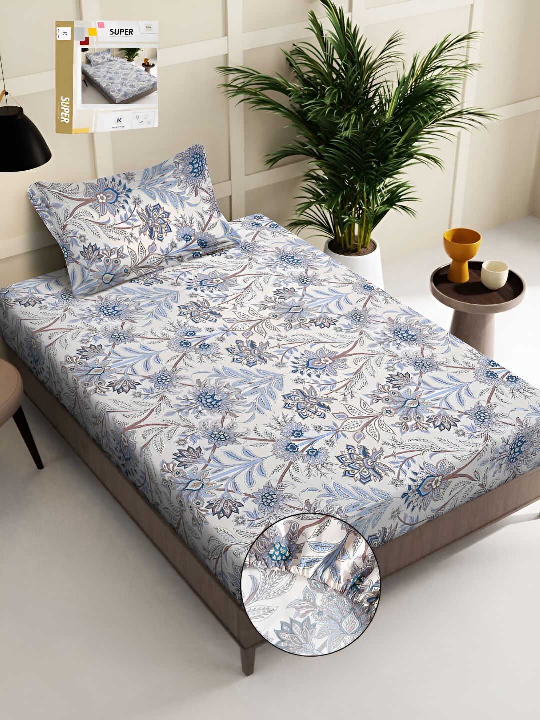 KLOTTHE Cream-Coloured Floral Printed Fitted 300 TC Single Bedsheet With Pillow Cover-picture-28