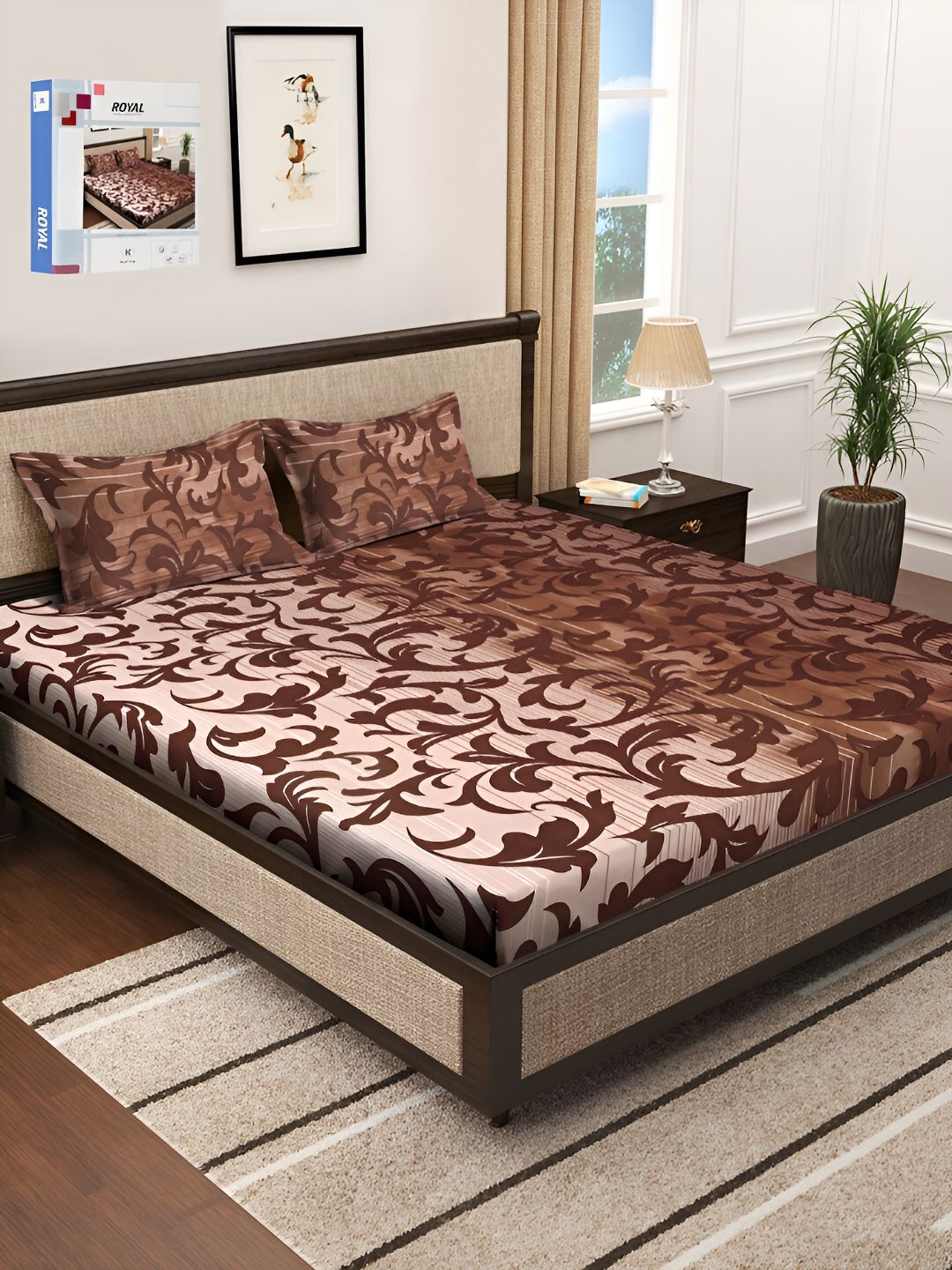 KLOTTHE Brown Ethnic Motifs Printed 300 TC Double King Bedsheet With 2 Pillow Covers-picture-35