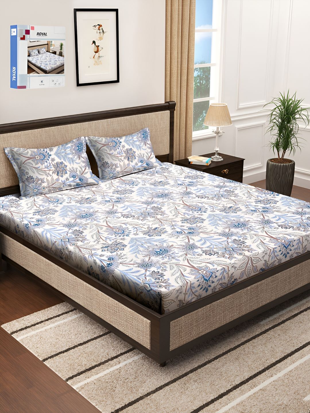 KLOTTHE White & Blue Floral 300 TC Double King Bedsheet With 2 Pillow Covers-picture-21