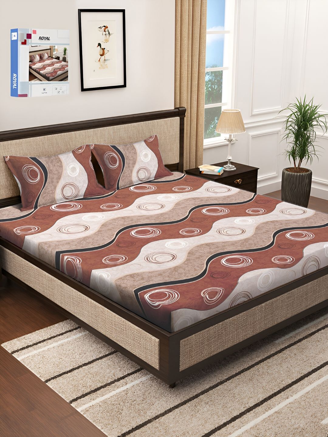 KLOTTHE Beige & Brown Geometric Printed 300 TC Double Bedsheet With 2 Pillow Covers-picture-11