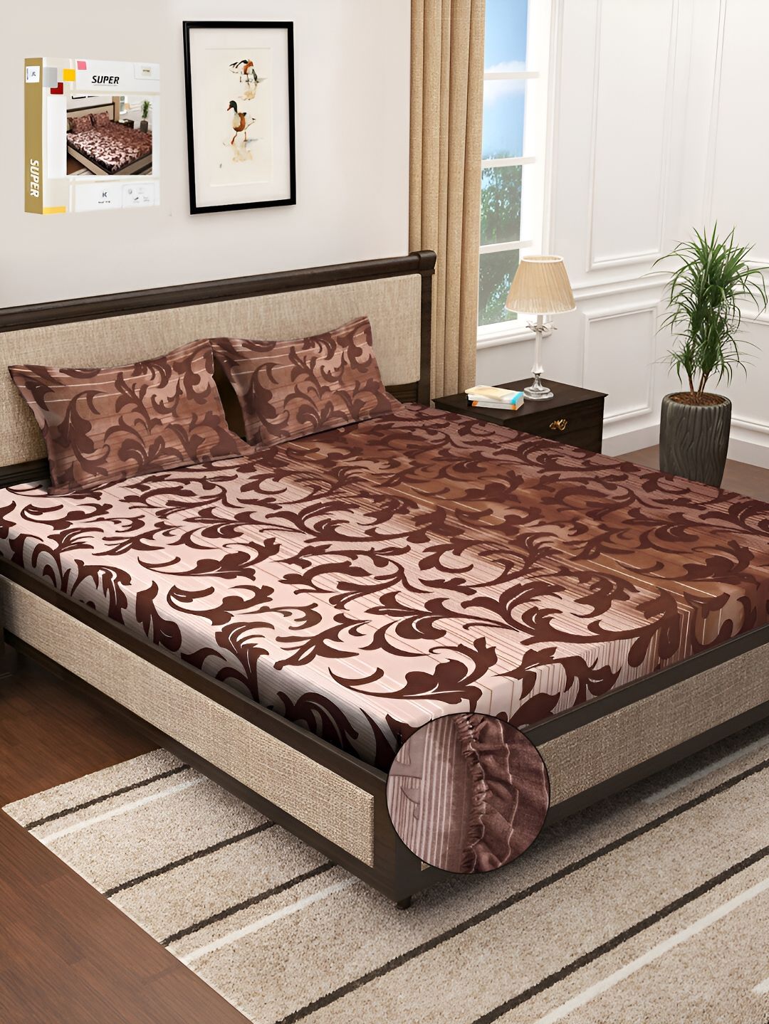 KLOTTHE Brown & Beige Floral 300 TC Fitted Double King Bedsheet With 2 Pillow Covers-picture-27
