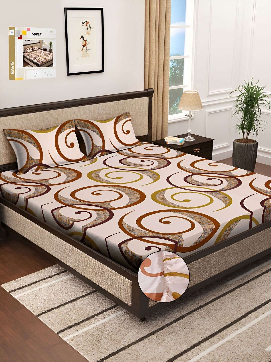 KLOTTHE Brown & Beige Geometric Printed 300 TC Fitted Double Bedsheet With 2 Pillow Covers-picture-22