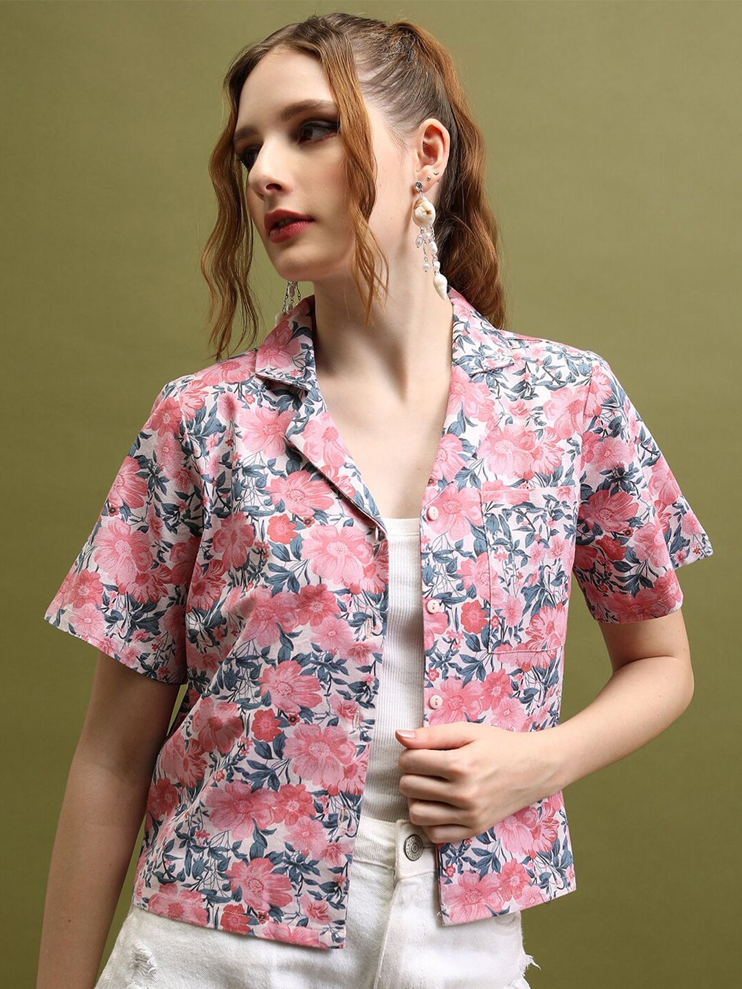 Tokyo Talkies Shirt Collar Short Sleeves Floral Print Cotton Shirt Style Top-picture-29