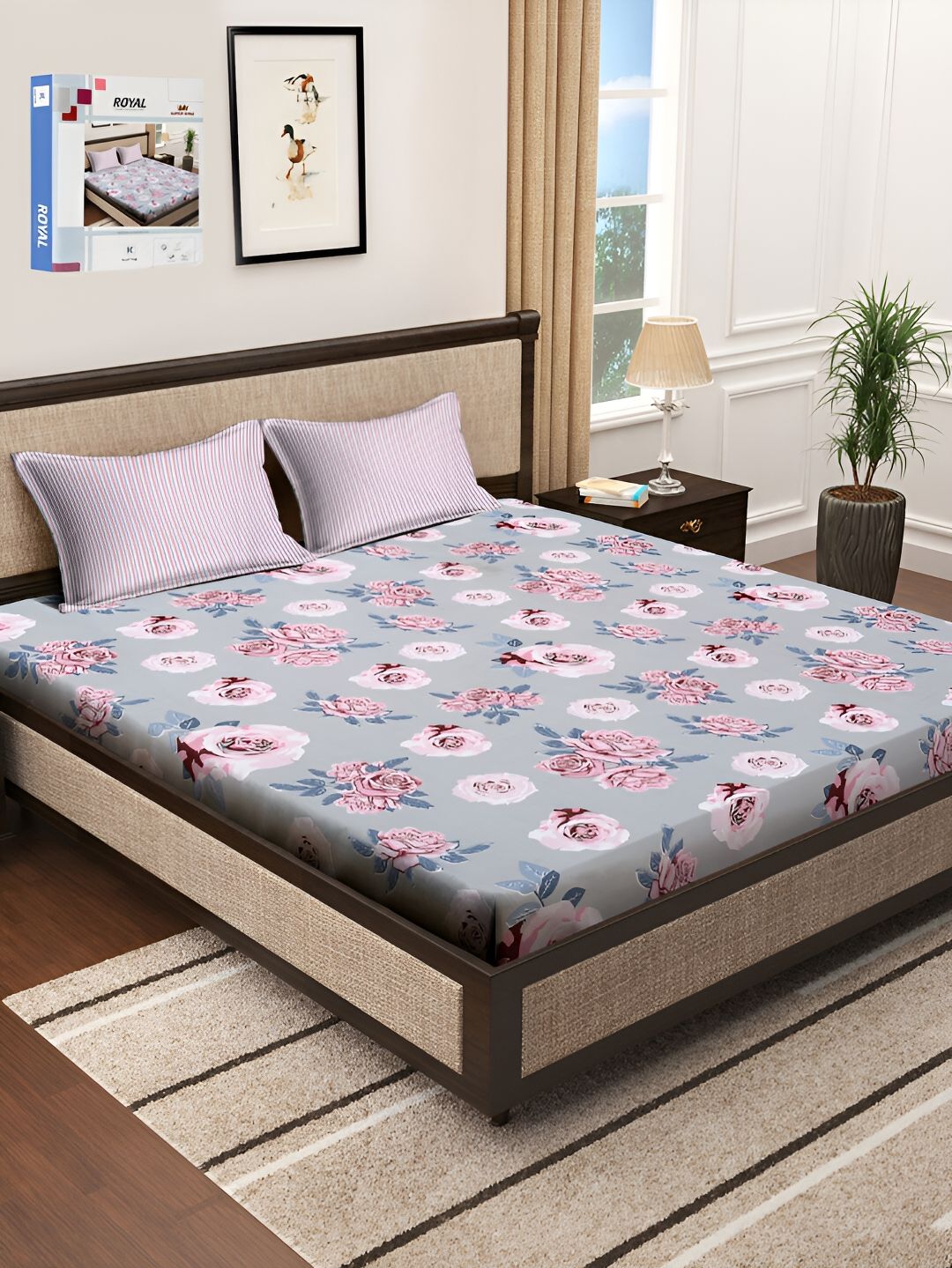 KLOTTHE Blue & Pink Floral 300 TC King Bedsheet with 2 Pillow Covers-picture-12