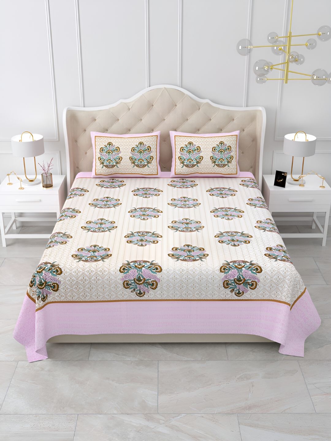 Qfab Beige & Pink Floral Printed Cotton144 TC King Bedsheet Set-picture-13