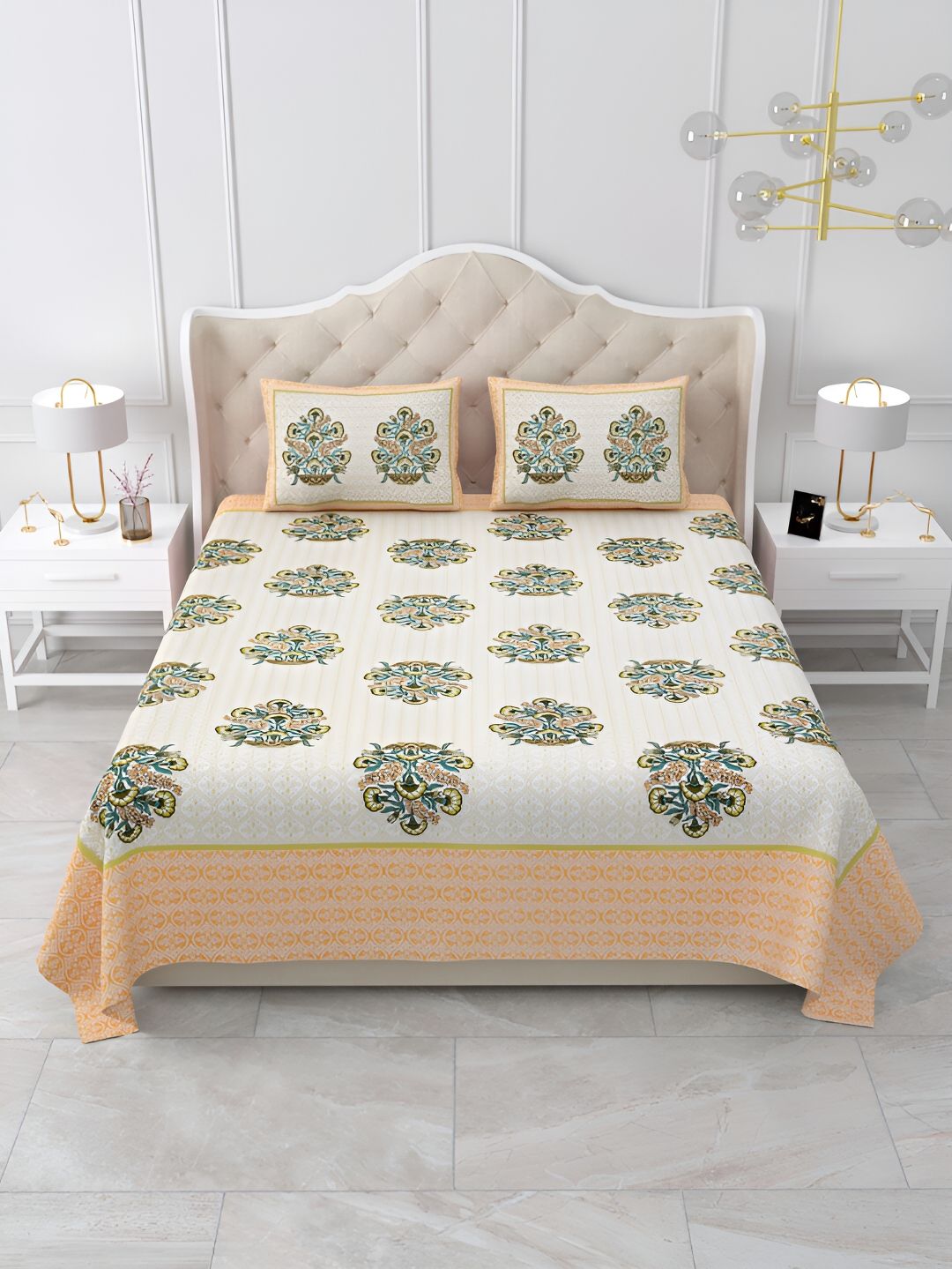 Qfab Beige & Orange Floral Printed 144 TC Cotton King Bedsheet Set-picture-27