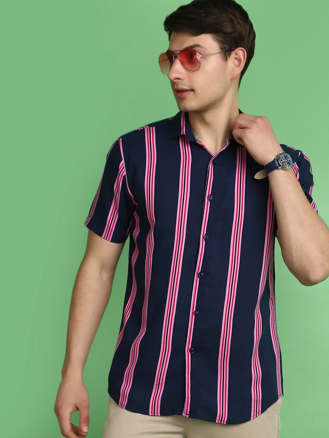 V-Mart Men Slim Fit Vertical Stripes Opaque Casual Shirt-picture-41