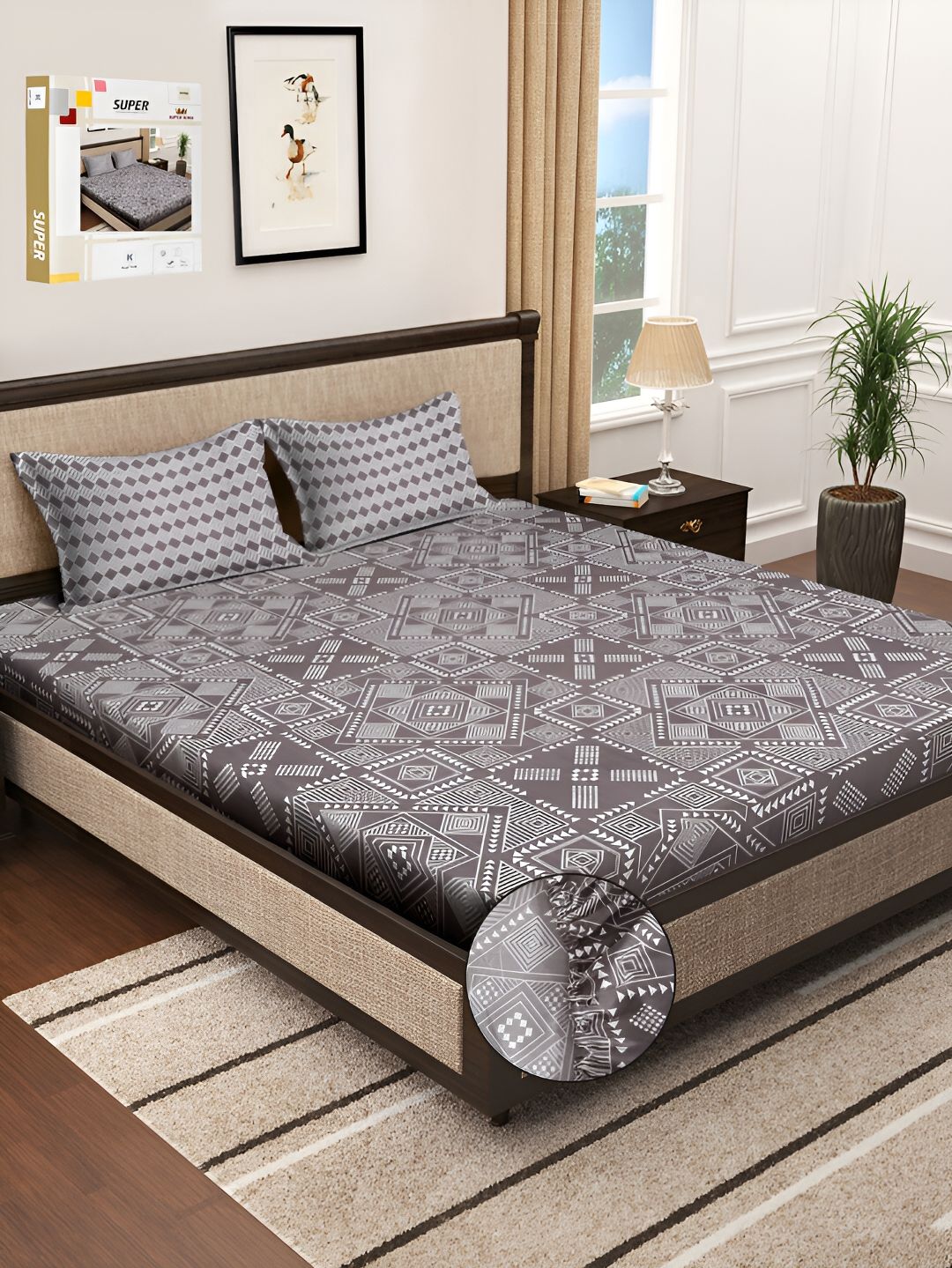 KLOTTHE Brown & White Geometric Printed 300 TC Fitted Double Bedsheet With 2 Pillow Cover-picture-41