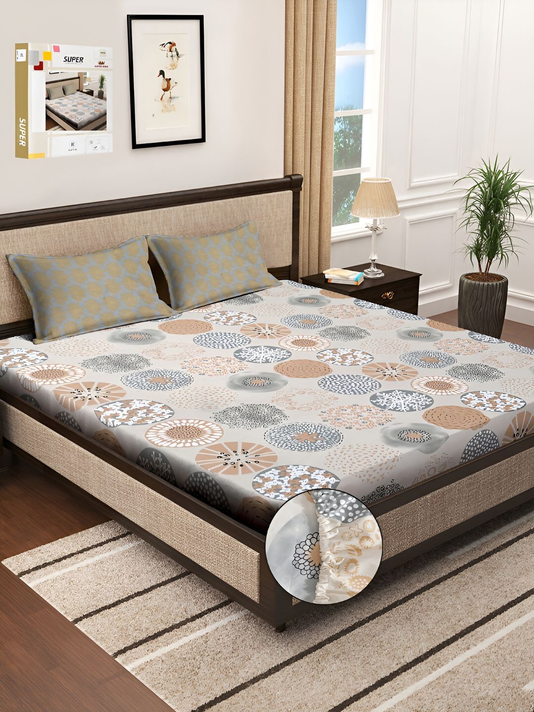 KLOTTHE Beige & Grey Printed 300 TC Super King Fitted Bedsheet With 2 Pillow Covers-picture-10