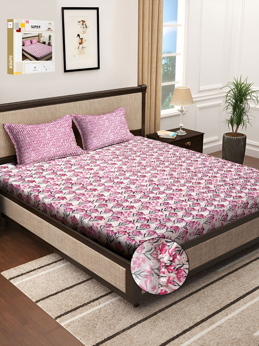 KLOTTHE Pink & White Floral Printed 300TC Fitted Super King Bedsheet With 2 Pillow Covers-picture-33