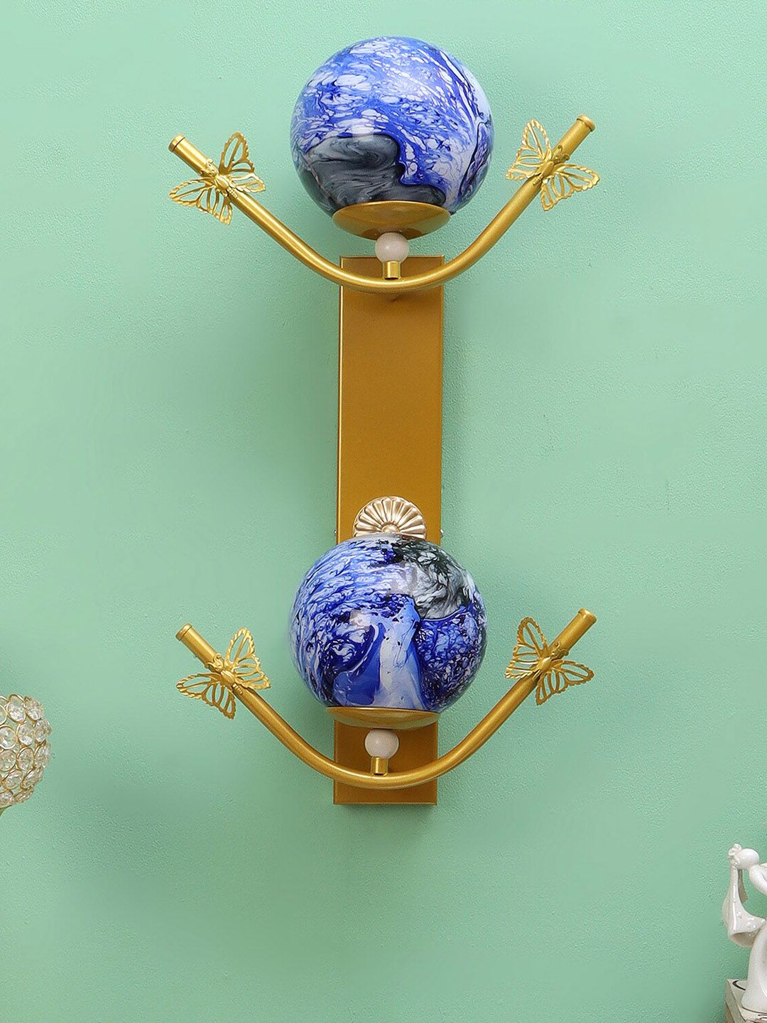 decorativeray Gold-Toned & Blue Printed Abstract Shaped Metal Wall Lamp-image-6