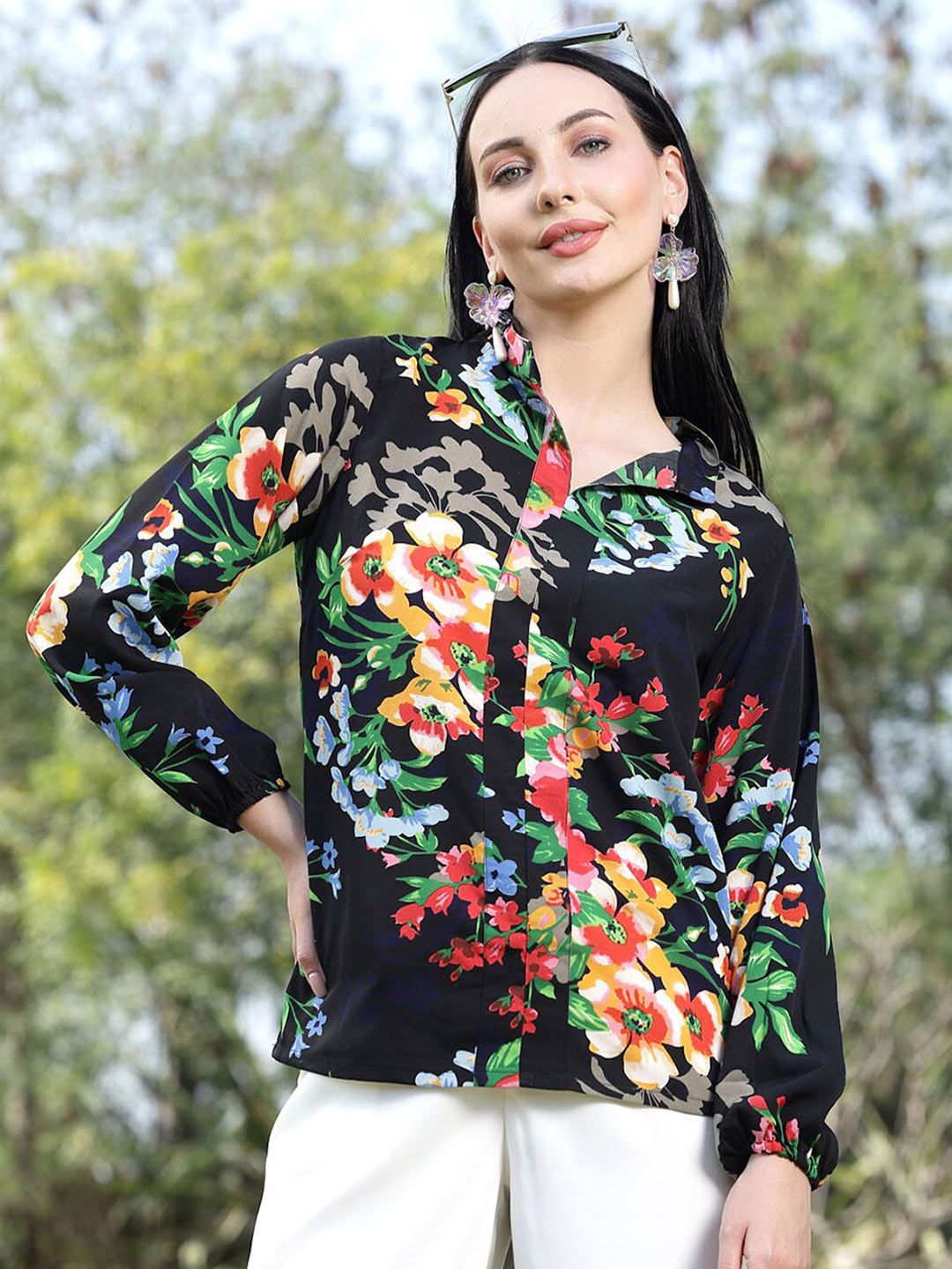 plusS Black Floral Printed Mandarin Collar Cuffed Sleeves Shirt Style Top-picture-35