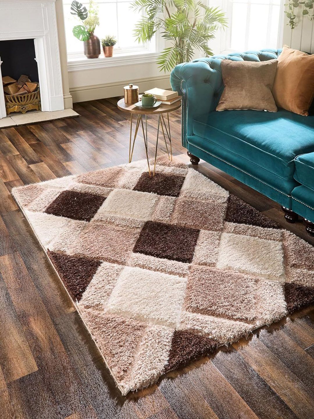 SR Handloom Brown & White Geometric Shaggy Carpet-image-20