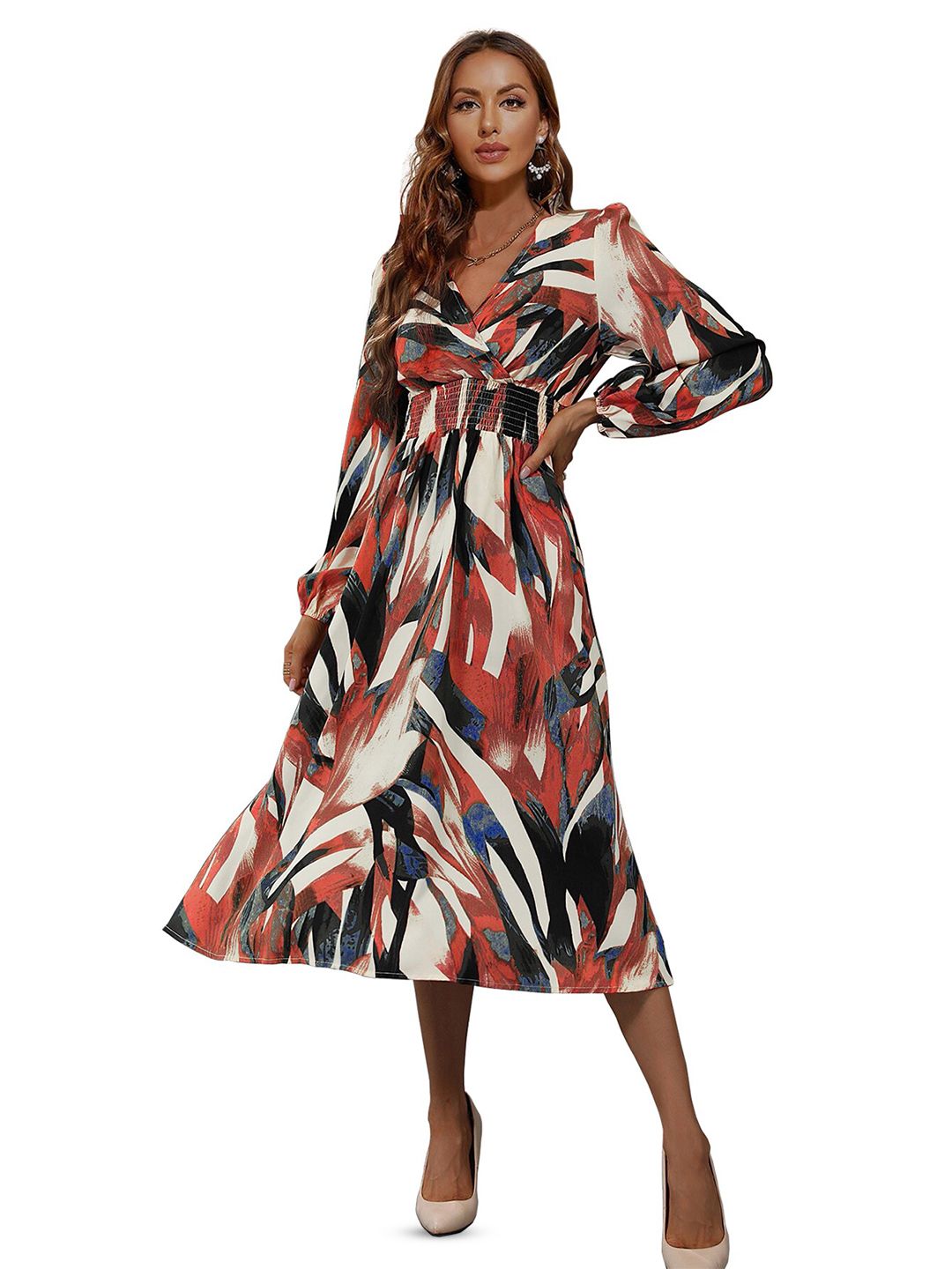 BAESD Abstract Printed V-Neck Cap Sleeves Crepe Fit & Flare Midi Dress-picture-34