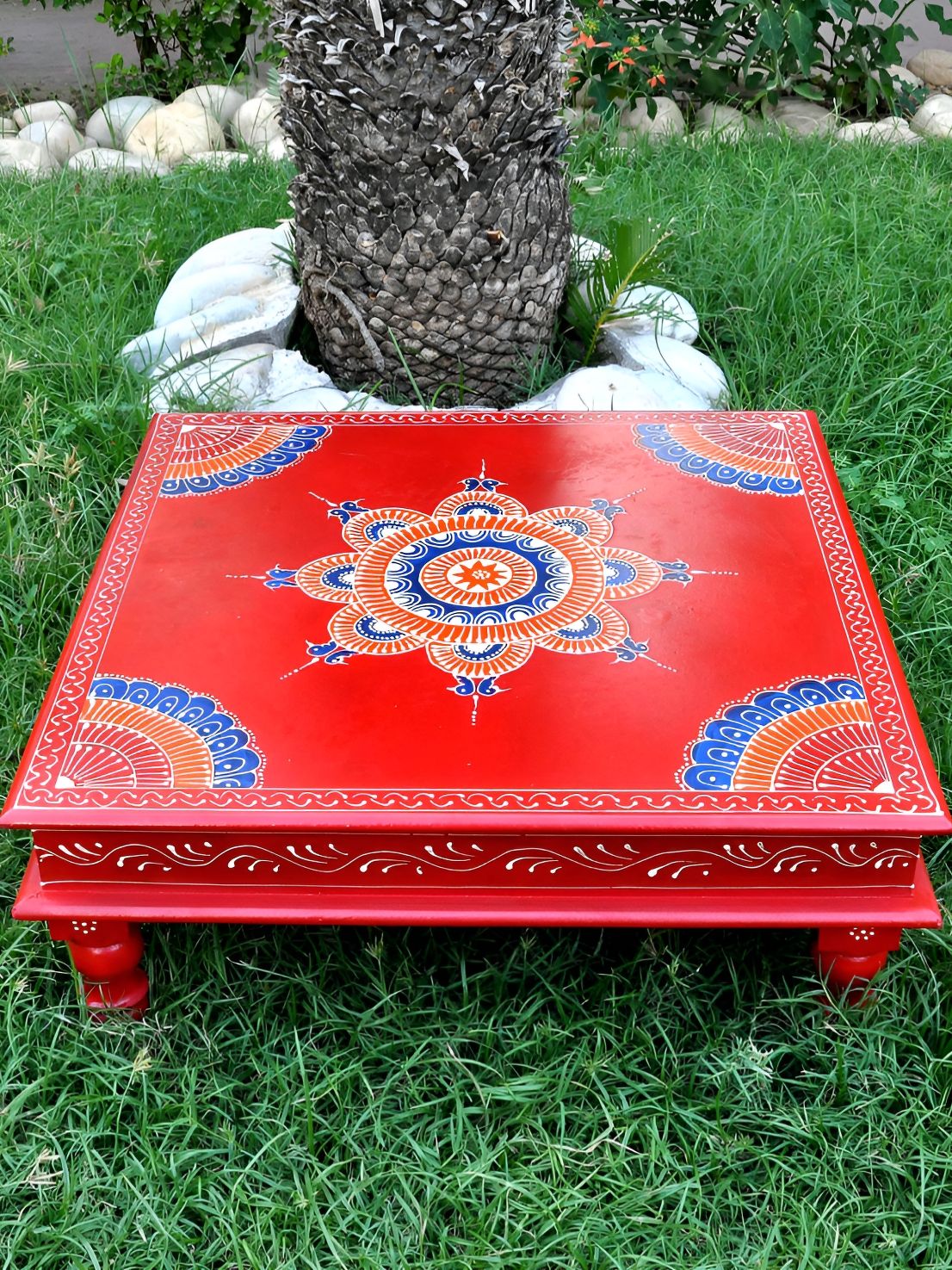 Lal Haveli Red & Blue Self design Textured Wooden Chowki-picture-41